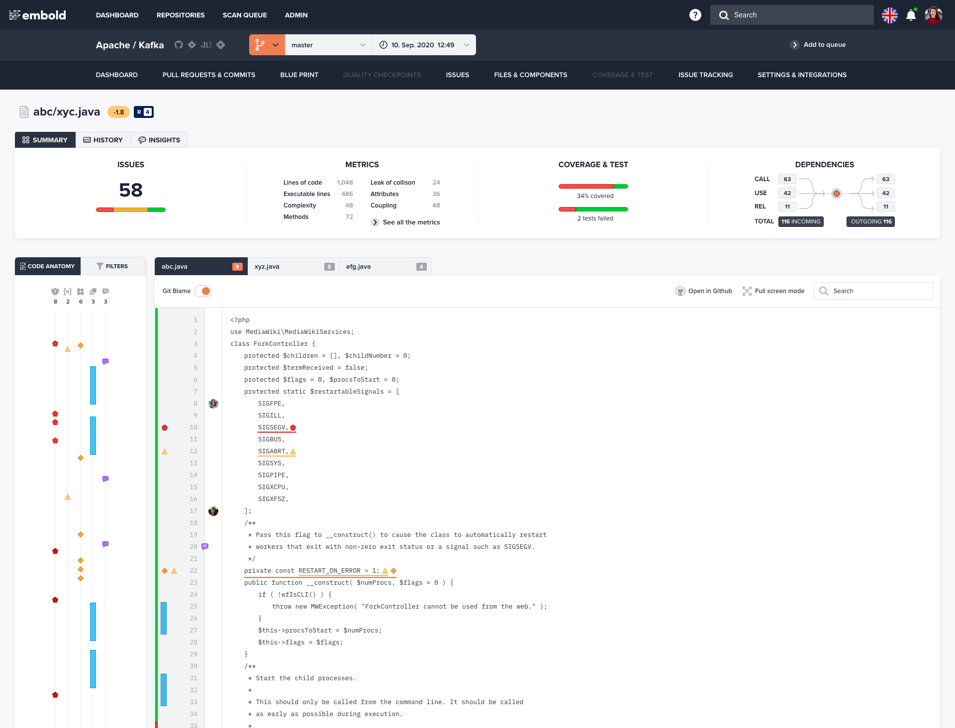 Embold code view dashboard